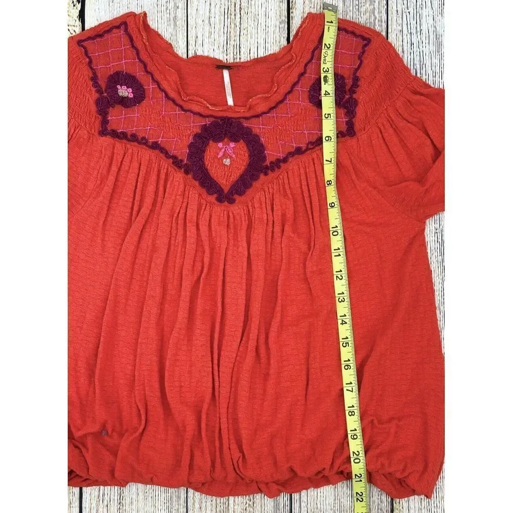Free People Size Small Begonia Embroidered‎ Peasant Top Blouse Orange Bohemian